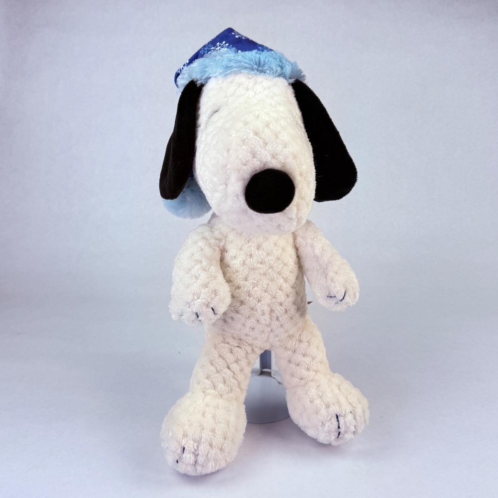 Peanuts Snoopy‎ Plush Christmas Winter Snowflake Blue Hat Popcorn Fleece White